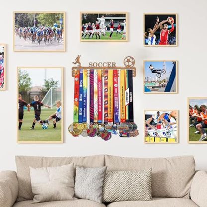 Resama Medal Hanger Holder Display Wall Rack Frame Shelf-Medal Hanger Awards Ribbon Soccer,Gymnastics,Holder Display Rack for 60 Medals - color: Soccer-Wooden