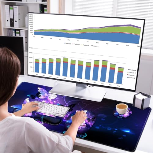 Large Mouse Pad with Wrist Support 4in1 Set, XXL Game Mousepad + Keyboard Wrist Rest+Mouse Wrist Rest+Coaster with Ergonomic Design Gaming Mat for Home Office Table Computer I Purple Butterfly - color: Purple Butterfly