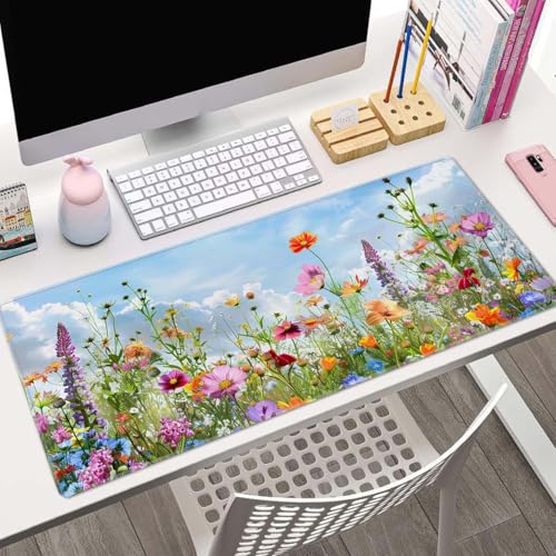 Flowers in Garden Large Gaming Mouse Pad Keyboard Desk Pad Extended Mouse Pad Gaming Office Decor, PC Laptop Mouse Pads Large (31.5x151.8 in) with Stitched Edges Non-Slip Base Mousepad XL - color: Flowers in Garden