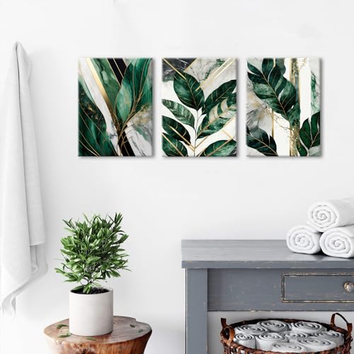 Emerald Green Plant Wall Art Bathroom Botanical Wall Decor Abstract Tropical Leaf Canvas Pictures for Living Room Green Marble Painting Boho Monstera Sage Posters Artwork Home Decoration 12x16” 3P - color: Tropical Leaf, size: 12"l X 16"w