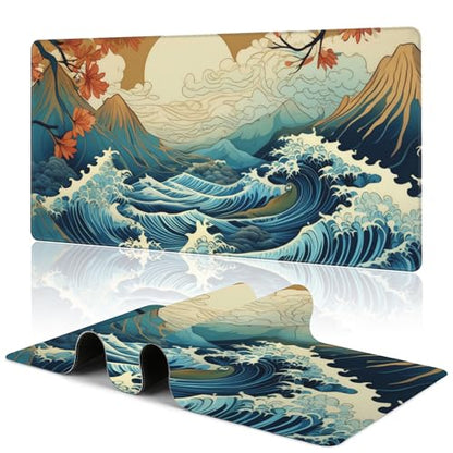 Japanese Waves Desk Mat Large Mouse Pad Gaming Mousepad 31.5 x 15.8 in | Desk Pad for Keyboard and Mouse, Large Non-Slip Rubber Base Mousepad Desk Mat with Stitched Edges for Gaming Office - color: Japanese Waves
