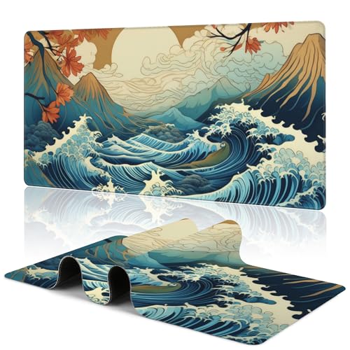 Japanese Waves Desk Mat Large Mouse Pad Gaming Mousepad 31.5 x 15.8 in | Desk Pad for Keyboard and Mouse, Large Non-Slip Rubber Base Mousepad Desk Mat with Stitched Edges for Gaming Office - color: Japanese Waves
