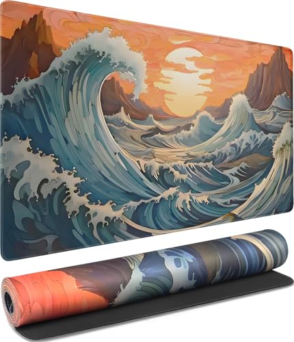 Gaming Mouse Pad, Waterproof Extra Large Mousepad with Stitched Edges, 31.5" x 15.7" Non-Slip Rubber Base Office Big Long Keyboard Pad for Office Gamer Home XXL, (Waves Sunset) - color: Waves Sunset