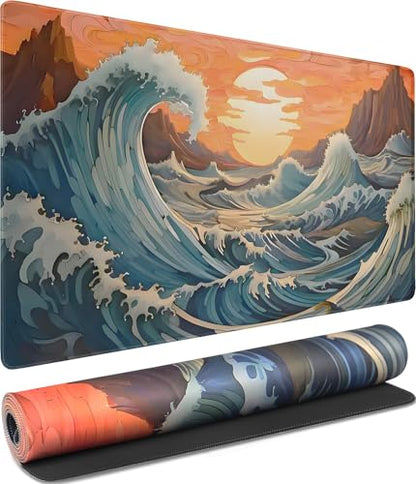 Gaming Mouse Pad, Waterproof Extra Large Mousepad with Stitched Edges, 31.5" x 15.7" Non-Slip Rubber Base Office Big Long Keyboard Pad for Office Gamer Home XXL, (Waves Sunset) - color: Waves Sunset