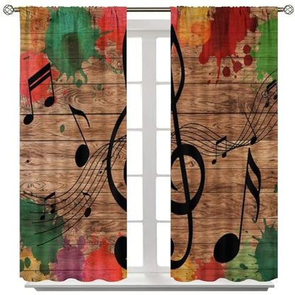 Music Notes Curtain, Funny Disco Retro Wood Board Graffiti Window Treatments Drapes for Bedroom Living Room Bathroom 42" W X 45" L(No Blackout) - color: Musical-6, size: 20.5"W x 45"L (Pack of 2)