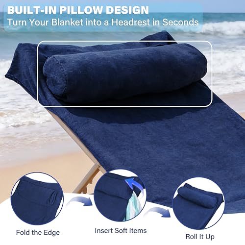 Tirrinia Lounge Chair Towel Cover with Fitted Top Pocket, DIY Pillow Design (Stuff with Clothes or Towels), Beach Chair Cover for Pool Lounge Chairs, Chaise Lounge Towel Cover, Soft & Quick Dry - color: Navy