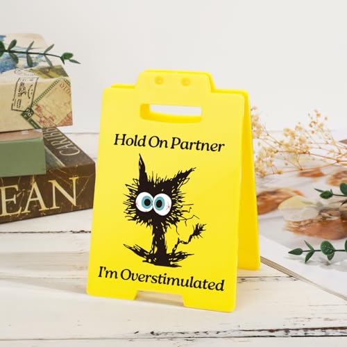 Funny Overstimulated Cat Desk Sign - Humorous Office Decor for Coworkers, Novelty Gag Gift for Mental Health and ADHD Anxiety, Social Battery Warning Sign for Cubicle and Home Office - style: Overstimulated Black Cat