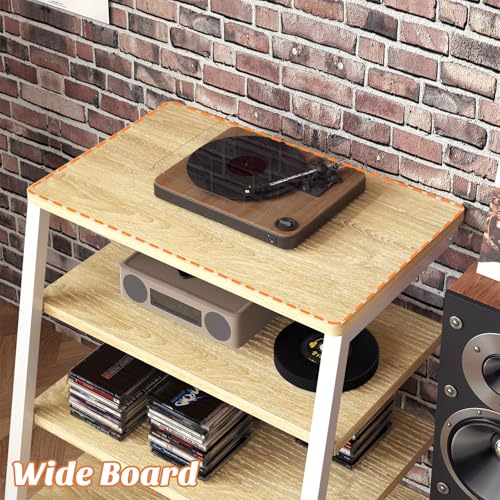 Besiost AV Media Stand with Outlets, Media Console with LED Lights, Stereo Racks and Stands with Storage Shelves, Media Audio Tower Cabinet, Natural Oak and White - color: Natural Oak and White