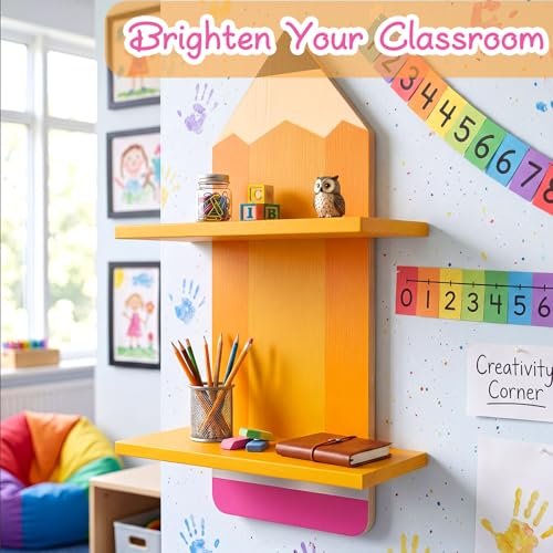 Gerrii 2 Pcs Pencil Wall Bookshelf for Classroom Pencil Classroom Decor Wooden Floating Shelves Rustic Wood Floating Shelf Back to School Party Decoration for Nursery School Daycare Storage