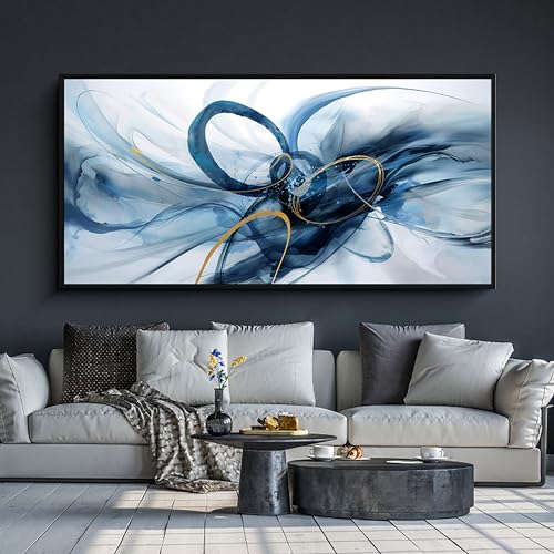 XLSJERST Frame Wall Art - Blue and White Picture for Living Room Modern Abstract Canvas Wall Decor Artwork for Office Bedroom Home Decoration - color: Blue and white and gold+Black Frame, size: 24x48 inches