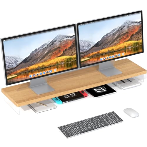 Dual Monitor Stand Riser, 40" Large Computer Monitor Stands for 2 Monitors, Wooden Desktop Organizer Shelf for Office Desk Computer, Laptop, TV, Monitor, Printer - color: Elmwood, size: 40*10 Inch