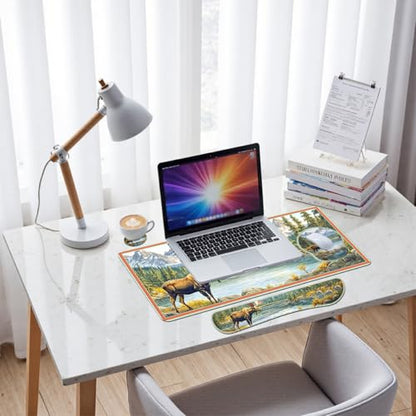 Moose Landscape Desk Mat Set Mountain Lake Large Mouse Pad with Wrist Rest 4in1 Desk Mat for Desktop Ergonomic Computer Desk Arm Wrist Anti-Slip Computer Ergonomic Mouse Pad Home Office Gaming - color: Moose Landscape