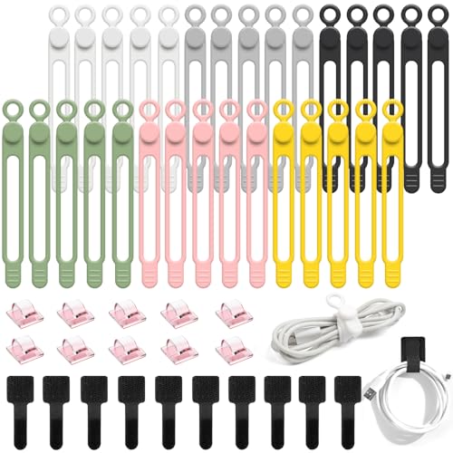 50Pcs Cord Organizer Kit, Reusable Silicone Cable Ties, Strong Adhesive Cable Clips for Cable Management, Multipurpose Wire Management for Bundling and Fastening Various Wires (6 Colors) - color: 50pcs-black, White, Grey, Pink,green, Yellow