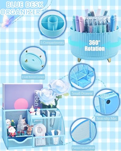 LXEVIHK 20Pcs Blue Desk Organizers and Accessories With Mesh Desk Organizer and 360°Rotating Pen Holder and a Lot of Office Blue Office Supplies Beautifully Presented in a Gift Box - color: blue