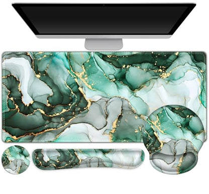 Gaming Mouse Pad, Large Desk Mat, Cute Desk Pad Protector, 4in1 XXL Mousepad + Keyboard Wrist Rest+Mouse Wrist Rest+Coaster Set with Ergonomic Desk Pad for Home Office PC Computer, Green Marble - color: Green Marble