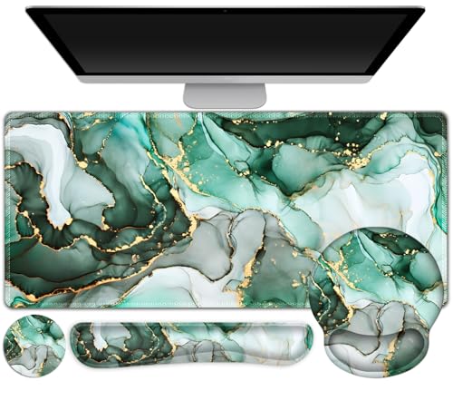 Gaming Mouse Pad, Large Desk Mat, Cute Desk Pad Protector, 4in1 XXL Mousepad + Keyboard Wrist Rest+Mouse Wrist Rest+Coaster Set with Ergonomic Desk Pad for Home Office PC Computer, Green Marble - color: Green Marble