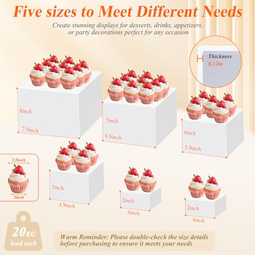 6 Pcs White Acrylic Buffet Risers with Mini Sign and Maker, Food Display Stands for Buffet Table Party Catering Dessert Jewelry Collectibles,Nesting Cube Boxes with Hollow Bottoms (8",7",6",5",4",4") - color: 8" 7" 6" 5" 4" 4"