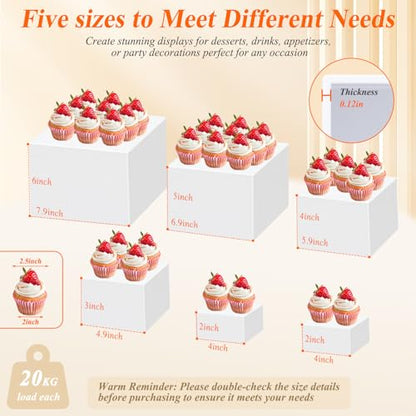 6 Pcs White Acrylic Buffet Risers with Mini Sign and Maker, Food Display Stands for Buffet Table Party Catering Dessert Jewelry Collectibles,Nesting Cube Boxes with Hollow Bottoms (8",7",6",5",4",4") - color: 8" 7" 6" 5" 4" 4"