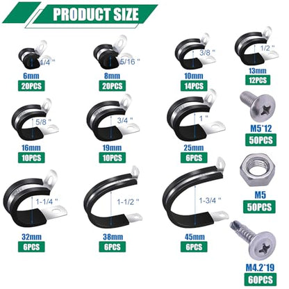 Twidec/270PCS Cable Clamps Assortment Kit 304 Stainless Steel Rubber Coated Cushion Clamps 10 Sizes 1/4" 5/16" 3/8" 1/2" 5/8" 3/4" 1" 1-1/4" 1-1/2" 1-3/4" With Screw For Automotive Wire Pipe Clamps - size: Multi-Size - 270 PCS
