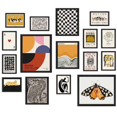 ANERZA 16 PCS Eclectic Wall Art Decor, Modern Maximalist Wall Prints for Bedroom, Bauhaus Posters for Room Aesthetic, Retro Abstract Wall Collage Kit for Living Room, Funky Dorm Gallery Home Decor - color: Orange, size: 11"x14" Unframed
