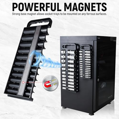 Reniteco Magnetic Socket Organizer Set, 3 Pcs Blue Portable Heavy Duty Socket Rail Set: 1/4-Inch x 22 Pallets, 3/8-Inch x 28 Pallets, 1/2-Inch x 26 Pallets, Hold 76 Sockets - Fit Shallow&Deep Sockets - color: Black