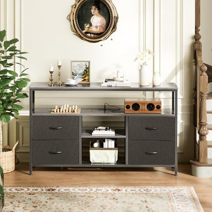 Huuger 47 Inch TV Stand Dresser with Power Outlets and LED Lights | Entertainment Center with 4 Drawers, PU Finish, Grey and Black, Dresser for 55 50 Inch TV, Open Shelf, Media Console - color: Grey and Black, size: 47.2 Inches
