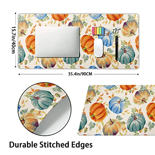 Watercolor Fall Pumpkins Gaming Mouse Pad XXL Autumn Leaves Extended Big Large Desk Mat Non-Slip Rubber Base Stitched Edge Long Keyboard Mousepad for PC Computer Laptop,35.4×15.7 in - color: Pumpkin, size: XX-Large