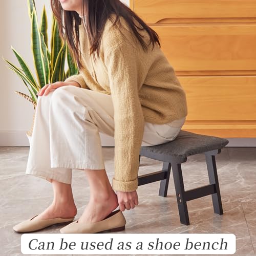 Kitsanery Foot Stool,Ottoman,Bamboo Small Sofa Foot Rest Under Desk,Extra Seating for Living Room, Bedroom and Kitchen (Black Stool Legs - Gray Surface) - color: Black Stool Legs - Gray Surface
