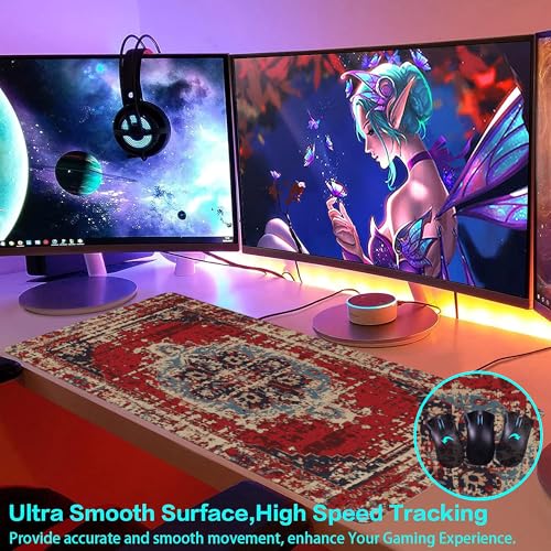 Desk Mat,Boho Carpet Style Large Gaming Mouse Pad for Desk XXL,Bohemian Rug Desk Pad,Extended Big Computer Keyboard Mouse Pad with Non-Slip Base and Stitched Edges 35.4"x15.7" - color: Boho Carpet Style-2, size: XXL-35.4"x15.7"