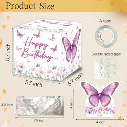 ChillHui Butterfly Birthday Money Gift Boxes, Pink and Purple Butterfly Birthday Money Pull Box for Girls - color: Pink Butterfly