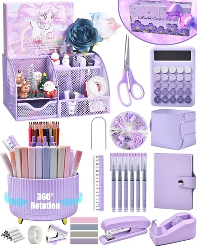 LXEVIHK 21Pcs Purple Desk Organizers and Accessories With Mesh Desk Organizer and 360°Rotating Pen Holder and a Lot of Office Purple Office Supplies Beautifully Presented in a Gift Box - color: purple