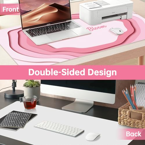 Dual-Sided PU Leather Desk Mat Blotter for Office, Home, Computer, Keyboard, Mouse, 15.7"x31.5" Large Non-Slip Writing Mat with Travel Storage Strap, Waterproof Easy to Clean (Pink Minimalist) - style: Pink Minimalist