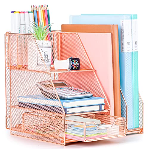 Topwey Rose Gold Desk Accessories, Office Supplies Desk Organizer Caddy with Sliding Drawer, Double Tray, File Organizer and pen holder for Home, Office School - color: Rose Gold-2