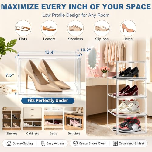 Low Profile Clear Shoe Storage Box for Flats,Loafers &Small Spaces | Space-saving 7.6-inch height fits under shelves &cabinets.Ideal for flats,loafers,slip-ons&compact living.1 Pack Fit Size 12 - color: Clear, size: Medium