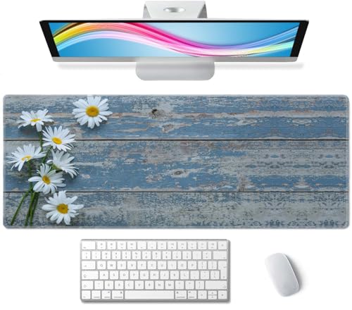 Large Gaming Mouse Pad, Extended XL Mousepad, Non-Slip Rubber Base Keyboard Mouse Mat Desk Pad for Work, Game, Office, Home, 31.5 x 11.8 in, Daisy Flowers on Old Wooden - color: Daisy Flowers on Old Wooden