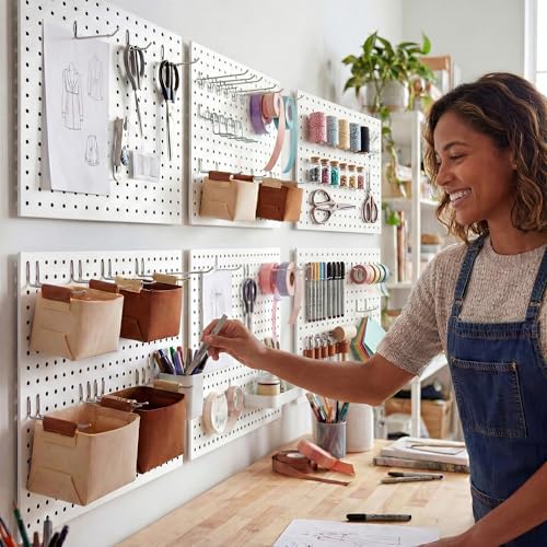 Spampur 6 Pack Peg Board Organizer, Includes Metal PegBoard and Accessories | White Pegboard Panels with 50 Pcs Hooks and Baskets, Wall Organization for Office, Craft Room, Ornaments Display, Sewing Room - color: White, size: 16x12''- 6 Pcs