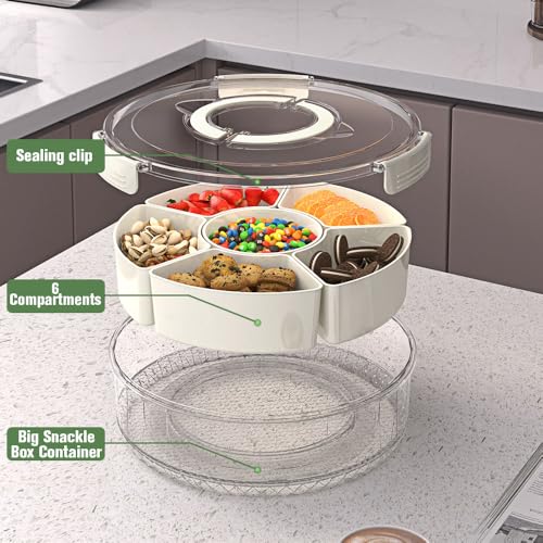 Divided Serving Tray with Lid and Handle, Portable Snackle Box for Veggie, Fruit Snacks Organizer, Clear Snack Spinner Container for Outdoor, Kitchen, Party, Travel
