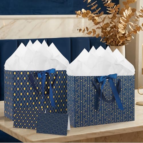 woric 2 Pcs Gift Bags for Men, 13.7" Large Blue Graduation Gift Bag with Handles Matching Tissue Paper Cards for Men Birthday Wedding Anniversary Special Occasion - color: Navy Blue
