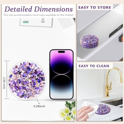 Drinks Coasters Resin Cup Mat: 4 pcs Coaster with Seashells for Table Desktop Counter (4, Purple) - color: Purple