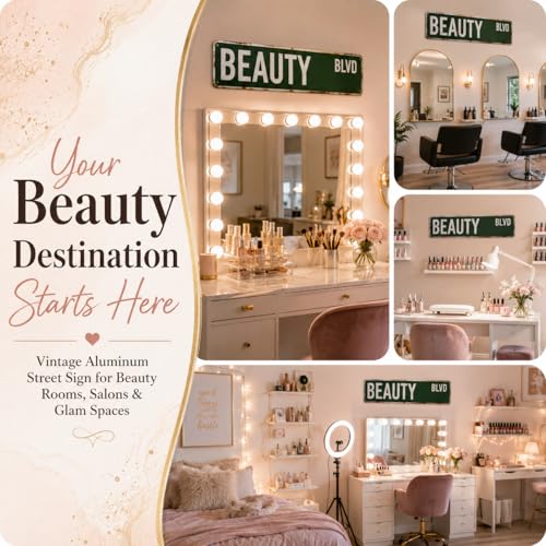 BEAUTY BLVD Street Sign, Metal Decor for Makeup Room & Vanity, 4x15 Inch Rustproof Aluminum Wall Art for Teen Girl Bedroom & Salon - Gifts for Beauty Lovers - color: Beauty