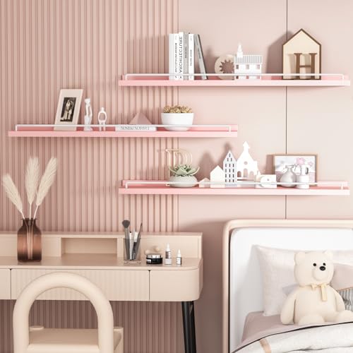 RYOFOBETTO 32 inches Long Floating Shelves, Bathroom Decor Shelves Over Toilet, Farmhouse Wall Shelves for Living Room, Bedroom, Picture Frames, Plants, Kitchen, Set of 3 (Pink and White) - color: Pink and White, size: 32"