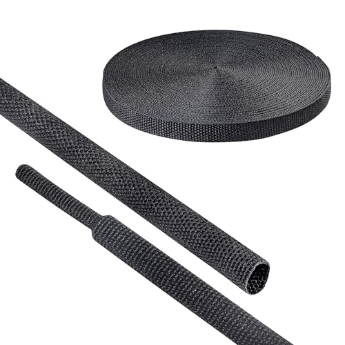 Black 2:1 Ratio Automotive Heat Shrink Braided Sleeving,Wear-Resistant Flat Woven Shrinkable Sleeve Fabric Car Cable Wires Hoses Protection (1/4''-66ft) - size: 1/4''-66ft