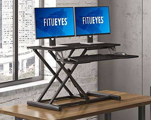 FITUEYES Height Adjustable Standing Desk 32” Wide Sit to Stand Converter Stand Up Desk Tabletop Workstation for Dual Monitor Riser FSD308001WB - color: Black