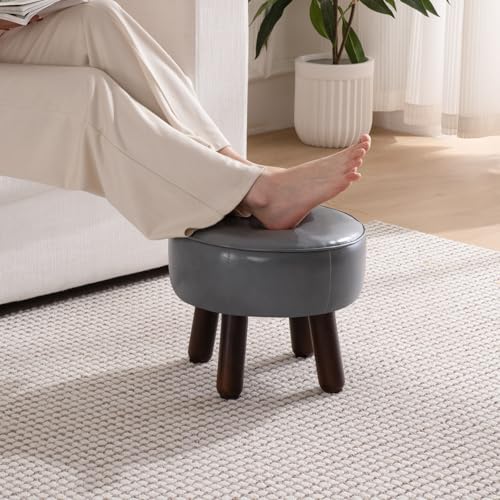 oakvivo Ottoman, Small Foot Stool, Round Leather Pouf Ottoman, 13''L x 13''W x 10.2''H Foot Rest with Non-Skid Rubber Legs for Living Room Bedroom Couch Entryway, Grey - color: Grey