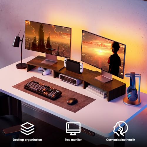 FITUEYES Dual Monitor Stand – 3 Shelf Computer Monitor Riser, Wood Desktop Stand with Adjustable Length and Angle, Desk Accessories, Office Supplies Medium Brown, DT108002WB - color: Brown