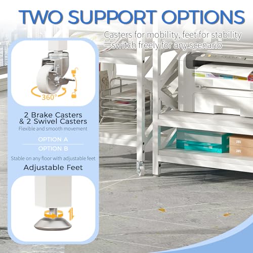 METYERRY Large Printer Stand with Power Outlet, with Height Adjustable Storage Shelf, 3 Tier Rolling Printer Cart with Industrial Wheels, 23.6 x 23.6 Inches Printer Table for Home Office, White - color: White