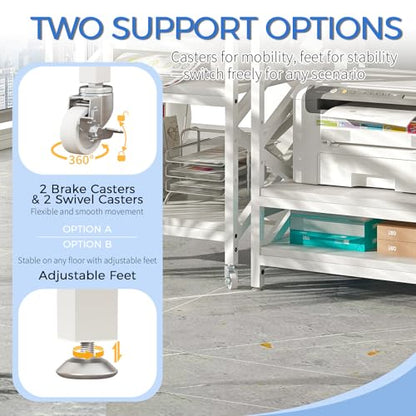 METYERRY Large Printer Stand with Power Outlet, with Height Adjustable Storage Shelf, 3 Tier Rolling Printer Cart with Industrial Wheels, 23.6 x 23.6 Inches Printer Table for Home Office, White - color: White