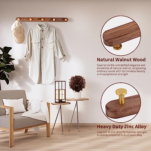 Wall Mounted Coat Rack, Entryway Hanging Coat Rack, Metal Wood Coat Rail with 5 Rustic Hooks Rail for Coat, Scarf, Bag, Towel, Key, Cap, Hat, Walnut Gold Matt - size: 5 Hooks - Round Shape