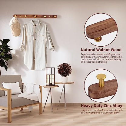Wall Mounted Coat Rack, Entryway Hanging Coat Rack, Metal Wood Coat Rail with 5 Rustic Hooks Rail for Coat, Scarf, Bag, Towel, Key, Cap, Hat, Walnut Gold Matt - size: 5 Hooks - Round Shape