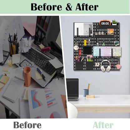 Peg Board Kit, ABS Plastic Wall Organizer Panels, 4 Pack, 12 x 12 in | with Hooks / Shelves / Bins / Accessories, Wall Mounted / No Drill / Adhesive, for Office / Gaming Room / Craft Room